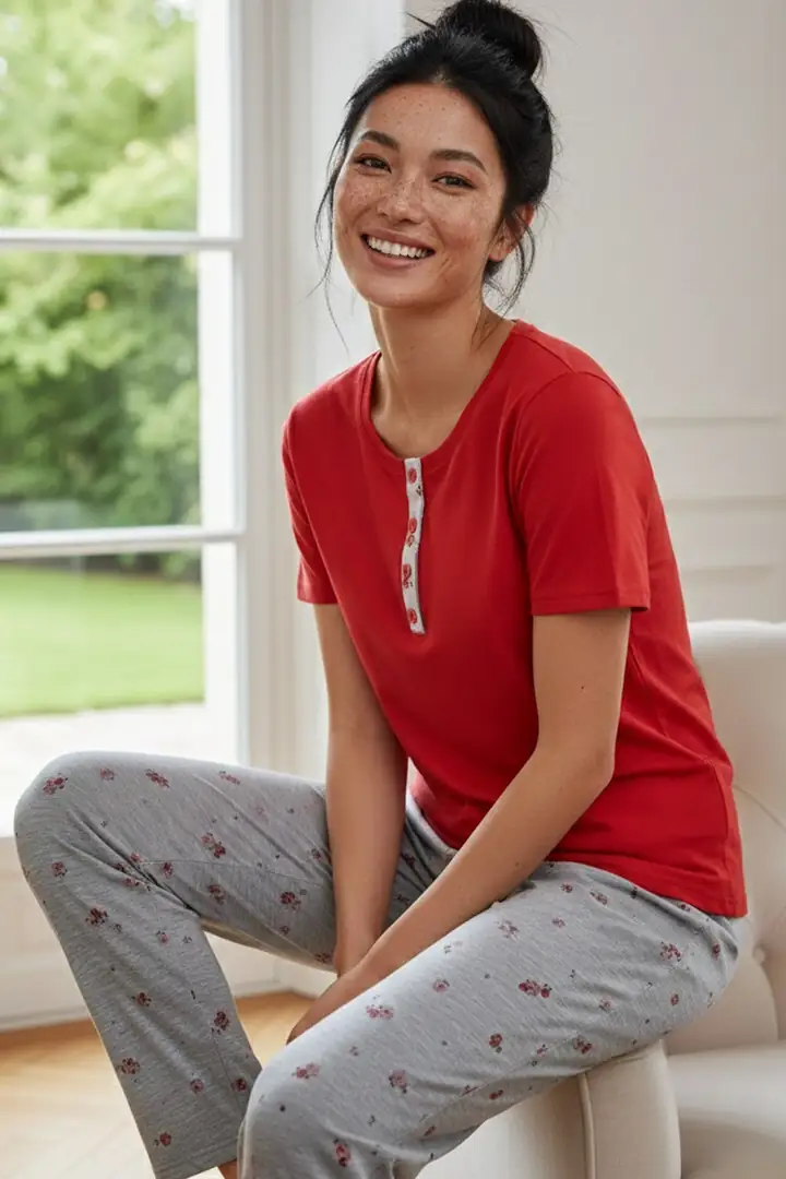 Kırmızı Desenli Pamuklu Bisiklet Yaka Örme Pijama Takım