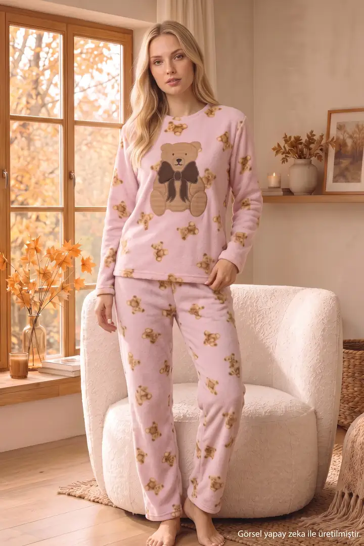 Pembe Nakışlı Alt-Üst Polar Kışlık Örme Pijama Takım 26222117