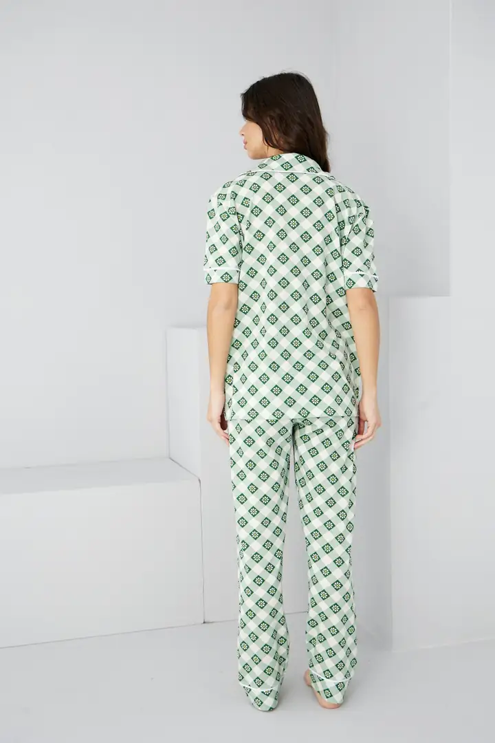 Pamuklu Düğmeli Biyeli Örme Pijama Takım 7886
