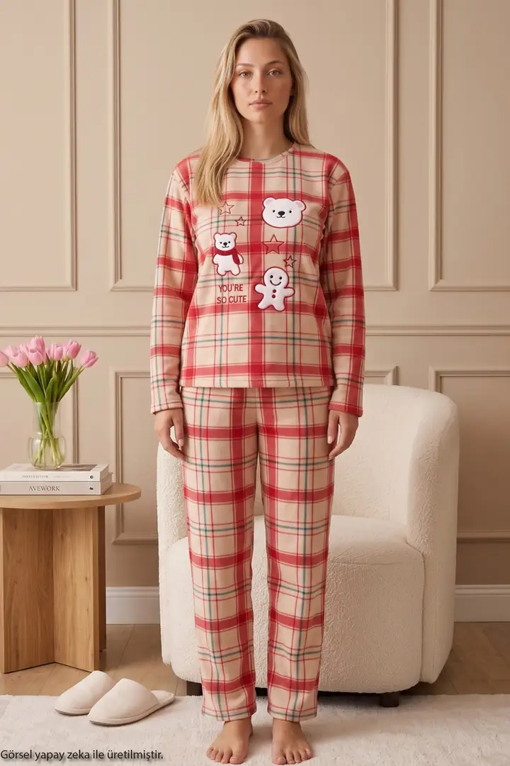 Kırmızı Ekose Desenli Nakışlı Alt-Üst Polar Kışlık Örme Pijama Takım 26222133