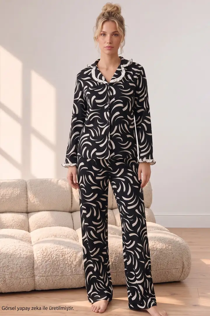 Desenli Bürümcük-Krınkıl Düğmeli Fırfırlı Pijama Takım 26223941-8 - siyah desenli
