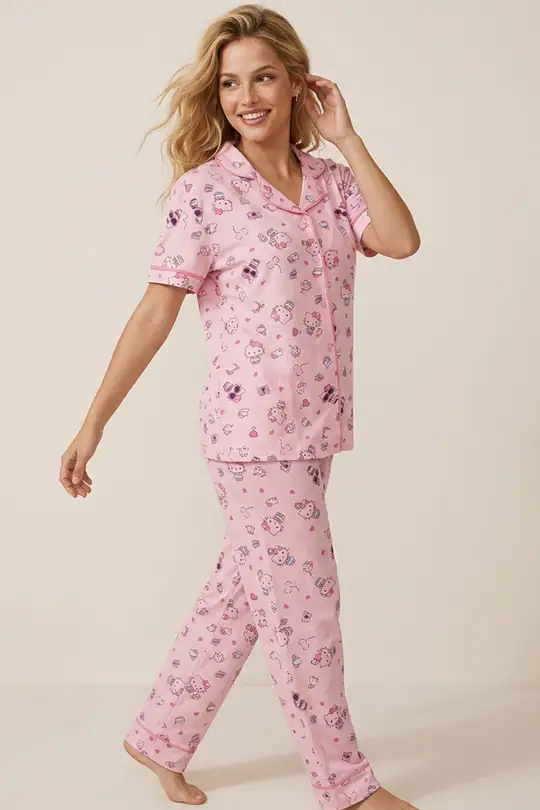 Hello Kitty Lisanslı %100 Pamuk Pembe Çok Renkli Düğmeli Biyeli Pijama Takım 26120451 - Pembe