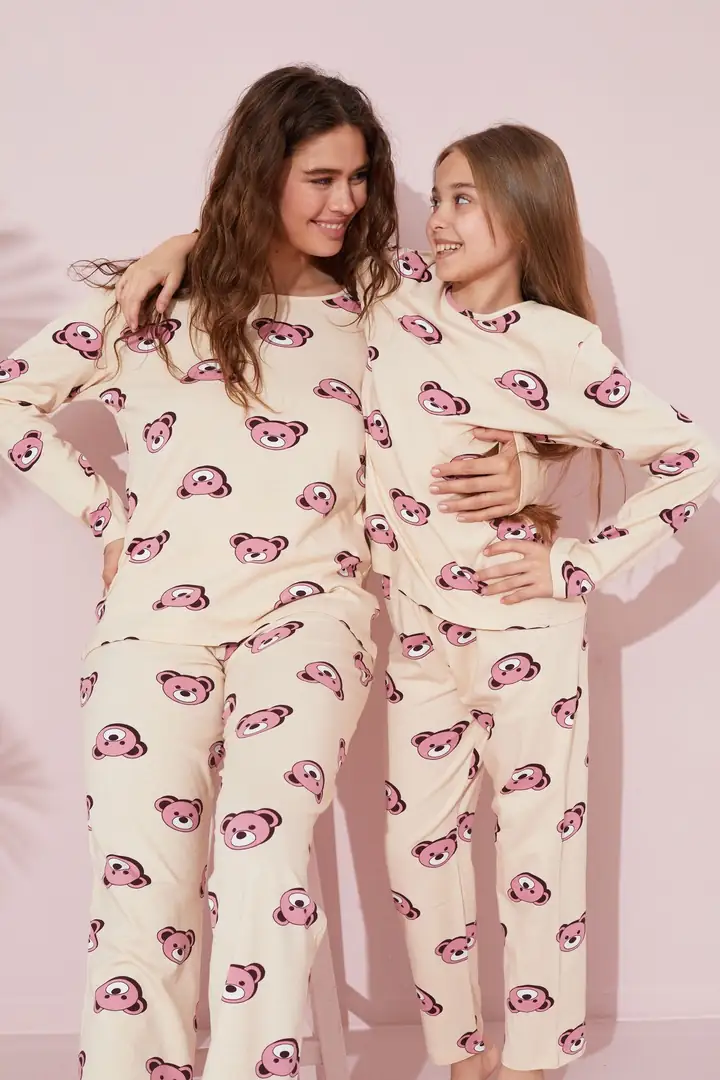 Krem Ayıcık Desenli Pamuklu Örme Pijama Takım 24241114