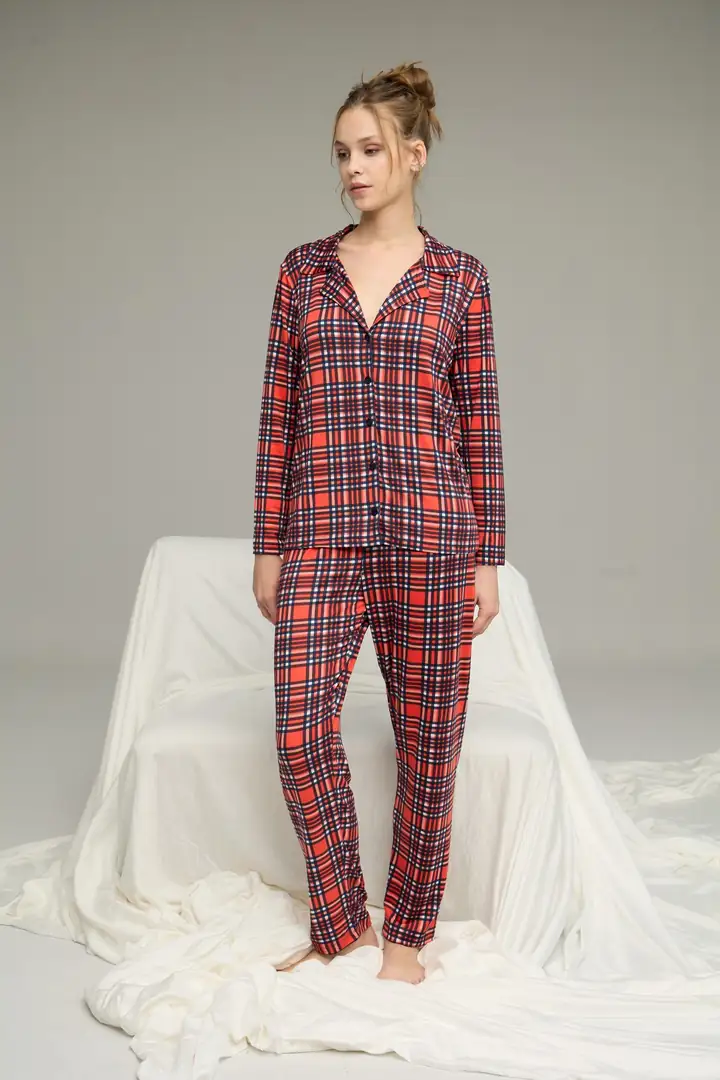 Ekose Desenli Gömlek Yaka Düğmeli Milan Örme Pijama Takım 25224021