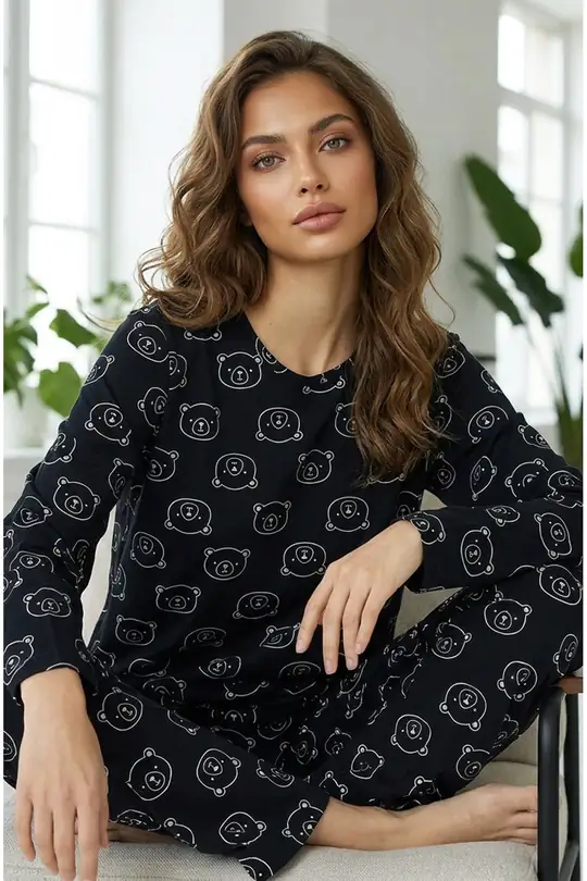 Desenli Pamuklu Pijama Takımı 7613 - Siyah