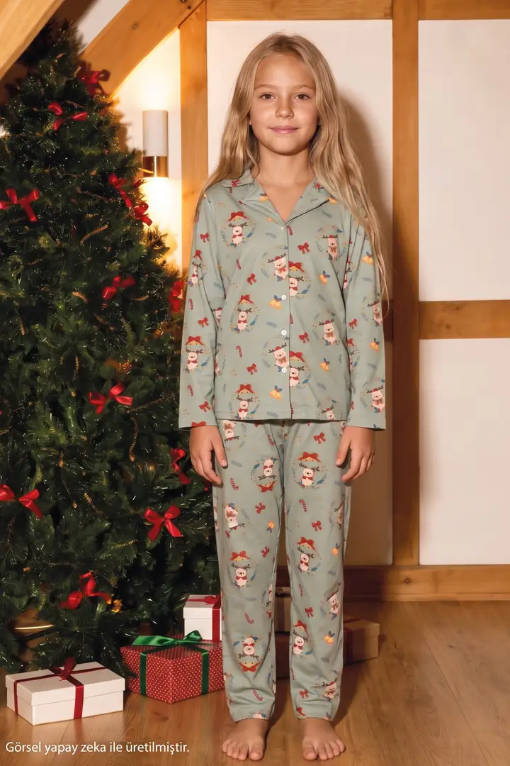 Yeşil Yılbaşı Temalı Desenli Termal Kumaşlı Ultra Soft Yumuşak Düğmeli Örme Pijama Takımı 26226824