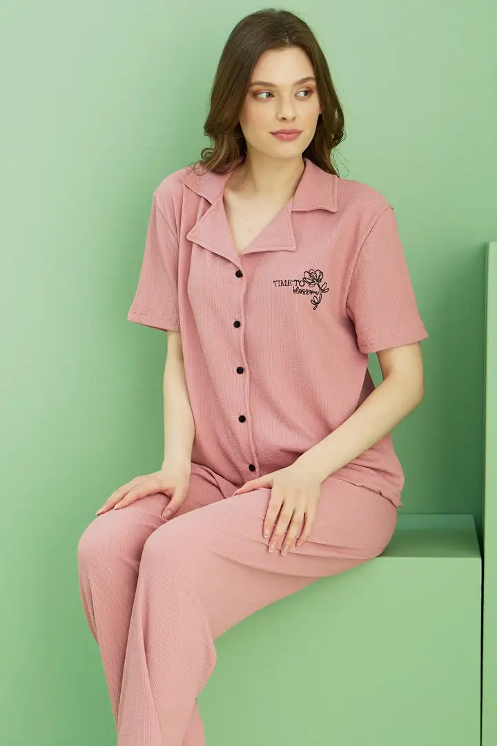 Bürümcük Krınkıl Kumaş Örme Düğmeli Pijama Takım25118546