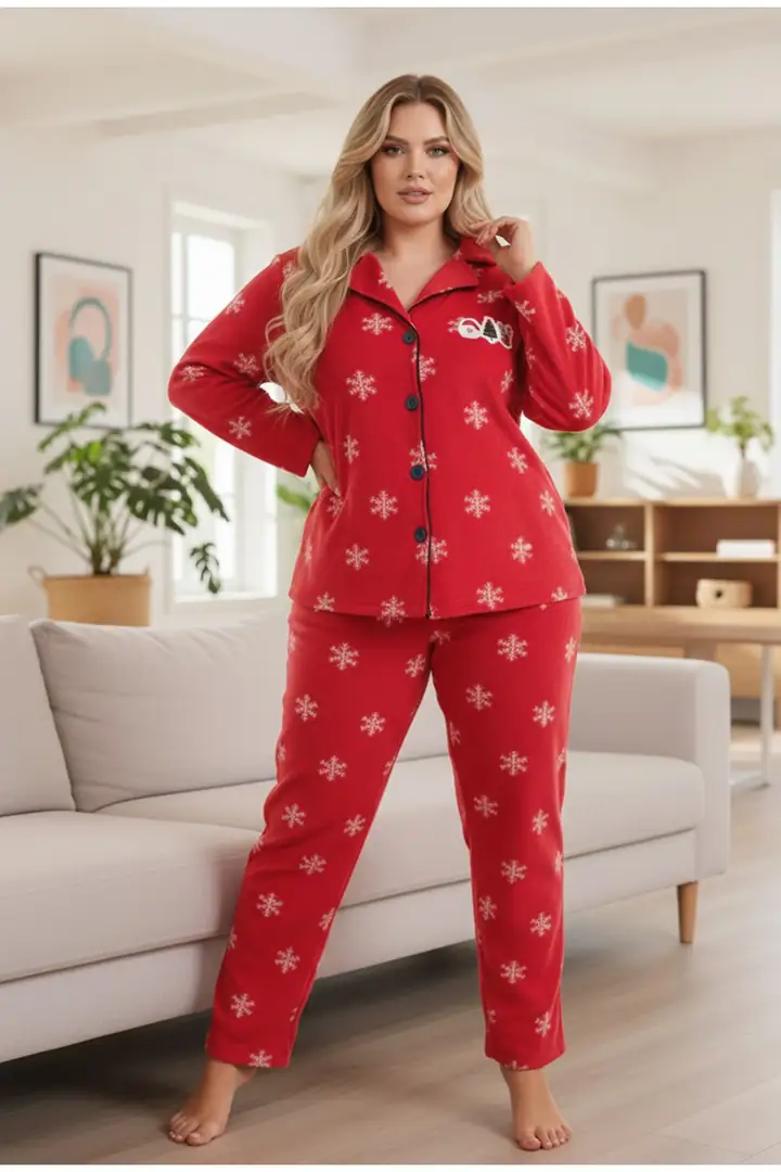 Yılbaşı Temalı Nakışlı Kar Tanesi Desenli Büyük Beden Polar Kışlık Örme Pijama Takım