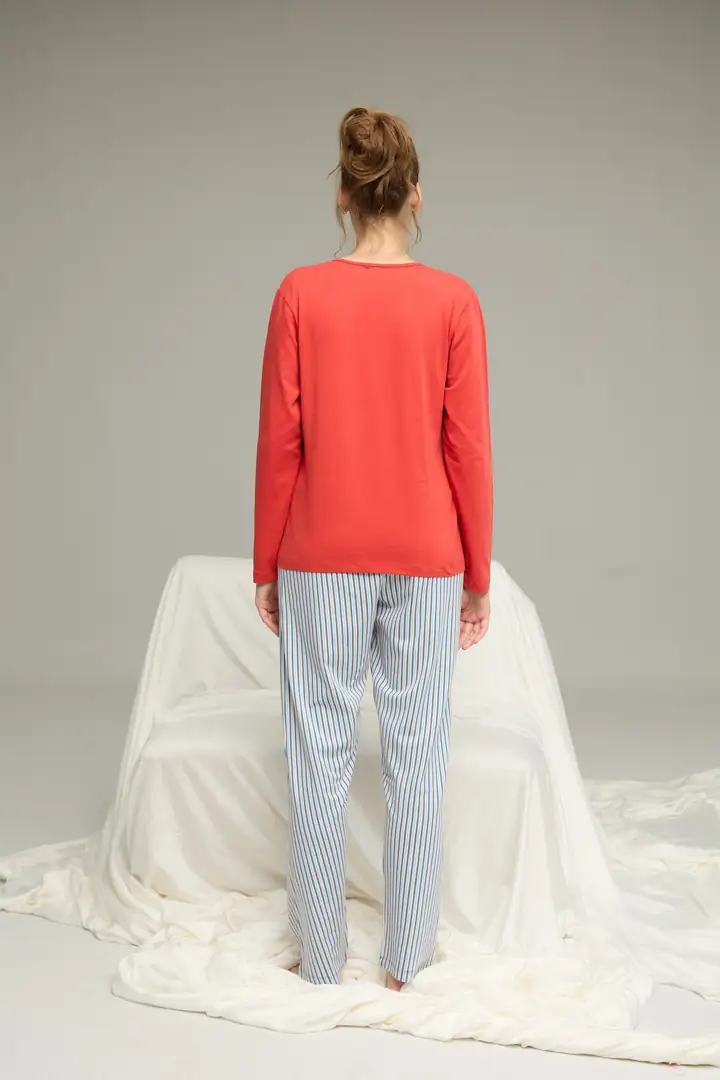 Kiremit Çizgi Desenli Örme Pamuklu Pijama Takım 25240260