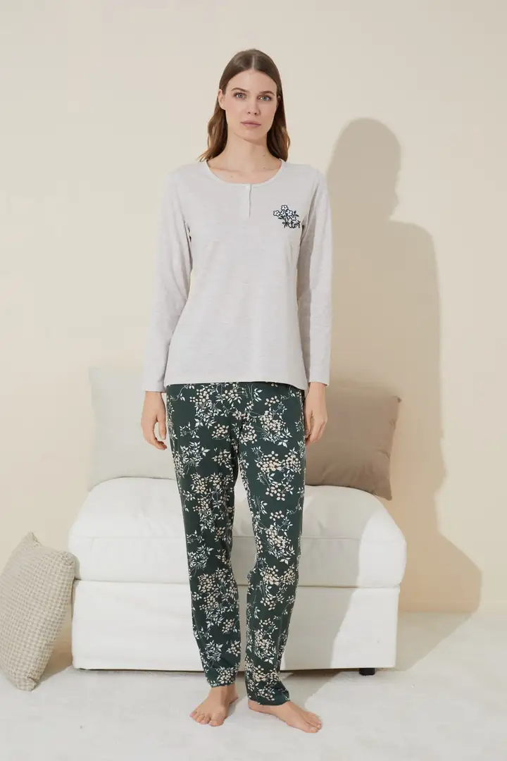 Düğmeli Pamuklu Örme Pijama Takım 24240099