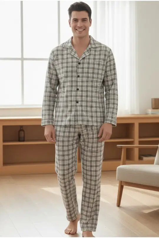 Erkek Ekoseli %100 Pamuklu Örme Düğmeli Pijama Takım 7985 - gri ekose