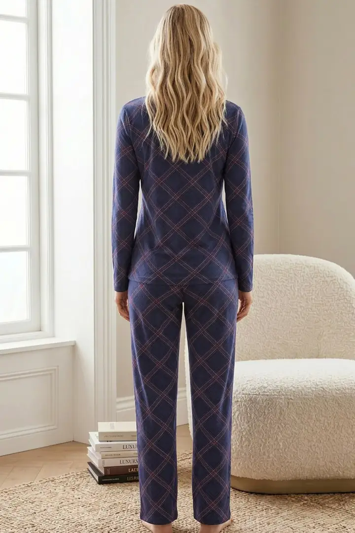 Düğmeli Pamuklu Likralı Örme Pijama Takım 26240295