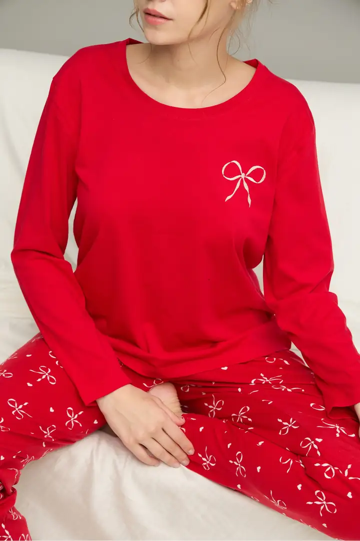 Pamuklu Bisiklet Yaka Örme Pijama Takım25241155