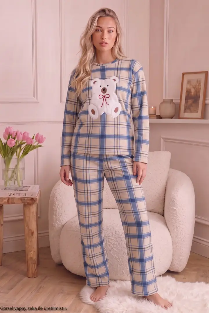 Mavi Ekose Desenli Nakışlı Alt-Üst Polar Kışlık Örme Pijama Takım 26222123