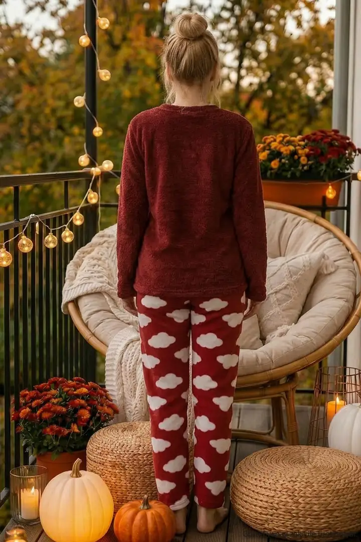 Bordo Nakışlı Üst Wellsoft Alt Polar Kışlık Örme Pijama Takım 26221713