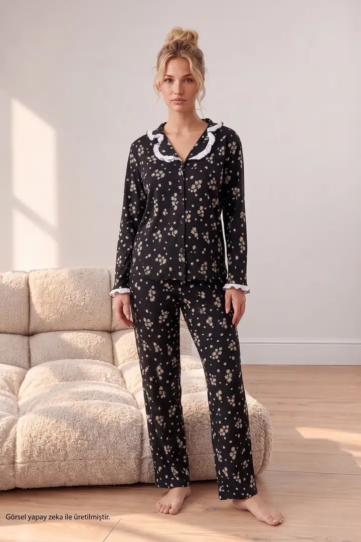 Desenli Bürümcük-Krınkıl Düğmeli Fırfırlı Pijama Takım 26223941-8 - siyah çiçek