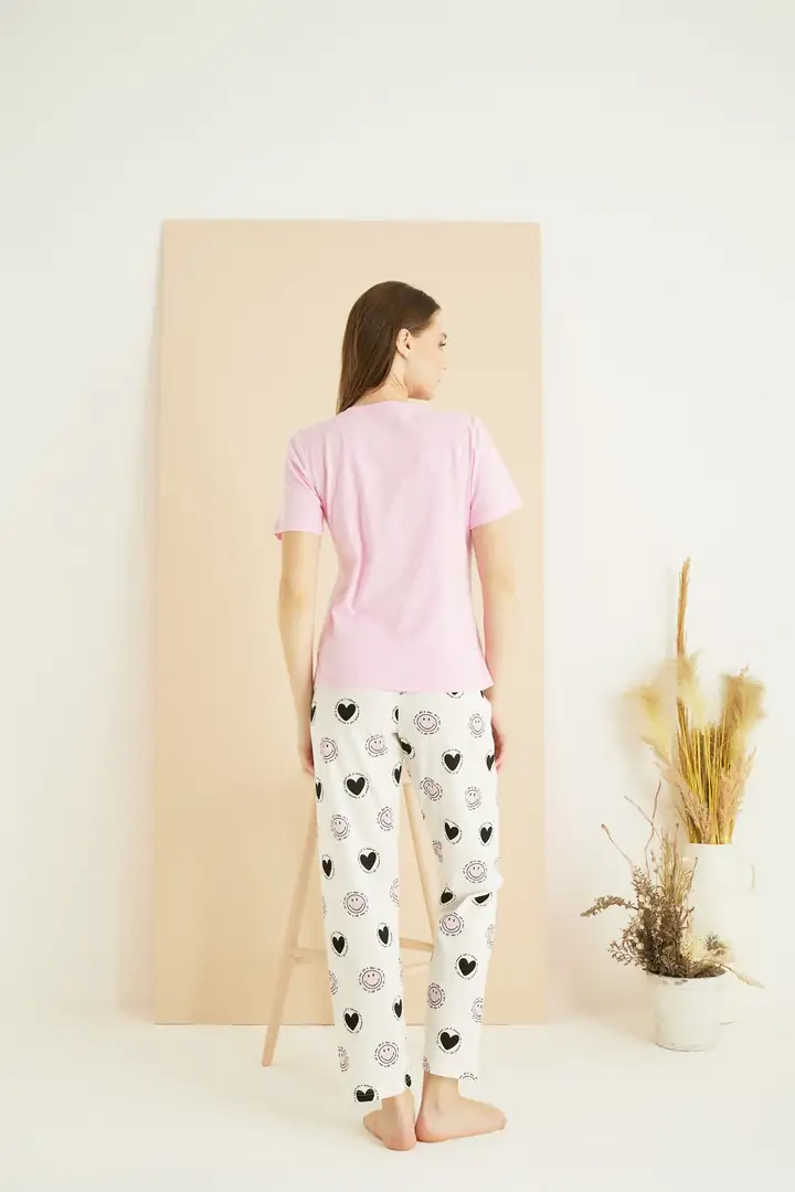 Pembe desenli Pamuklu Bisiklet Yaka Örme Pijama Takım 25107127