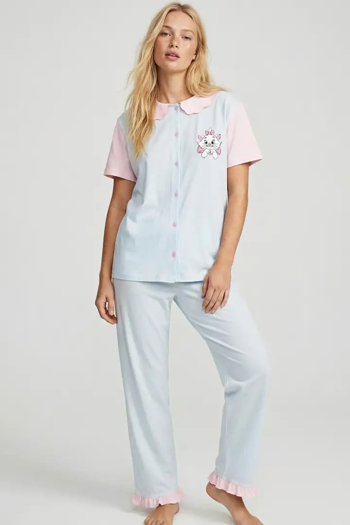 Yaka Detaylı Baskılı Düğmeli Pamuklu Örme Pijama Takımı 8010