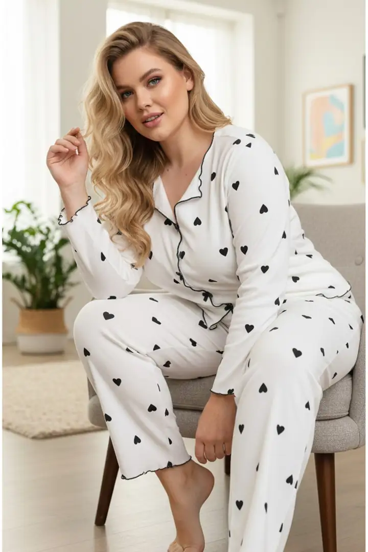 Beden Battal Pamuklu Fiyonklu Fitilli Örme Pijama Takım25228001-4