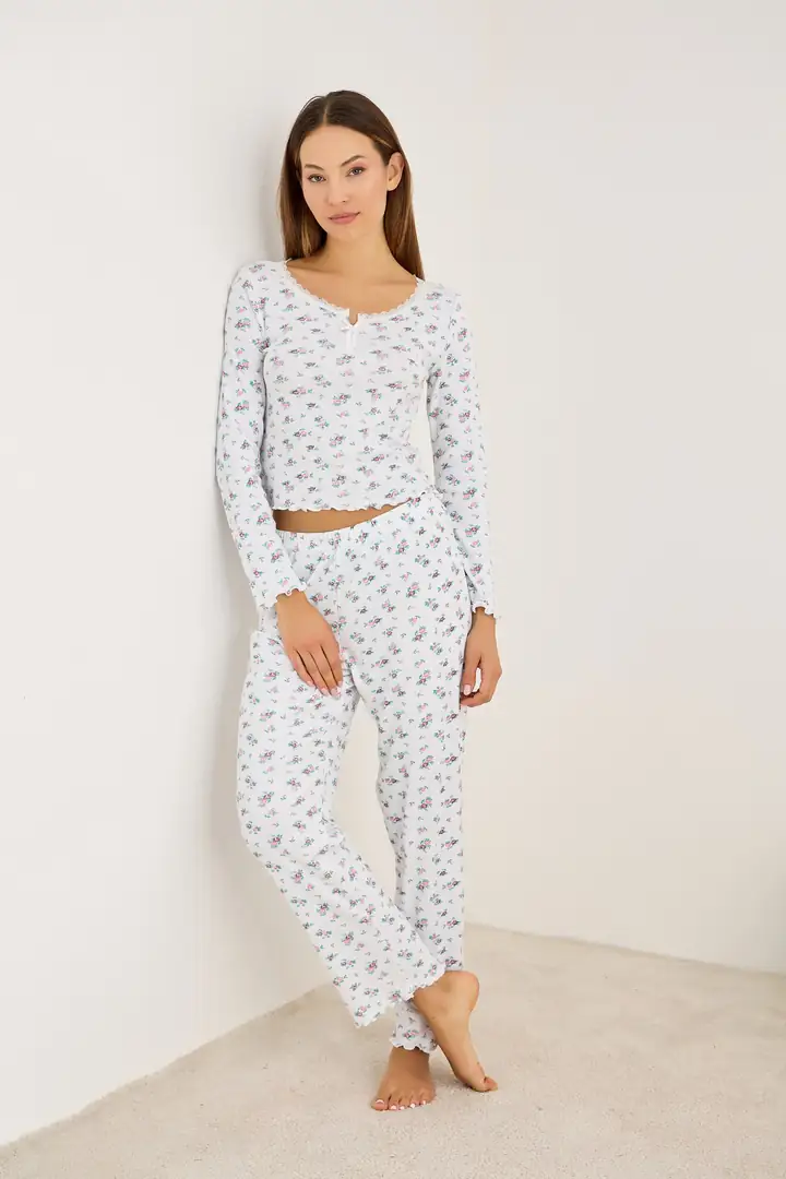 Fitilli Kaşkorse Dantelli Örme Pijama Takım 7946