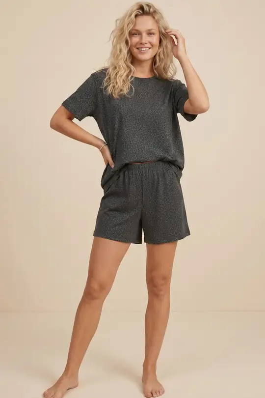 Örme Şortlu Pijama Takım 8056 - antrasit leopar