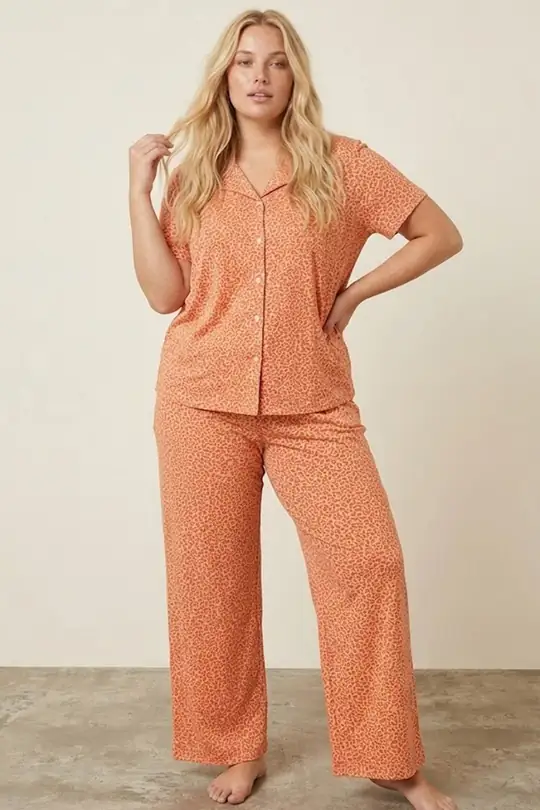 Büyük Beden Battal Boy Düğmeli Örme Pijama Takım 8016 - somon leopar