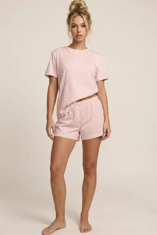 Örme Şortlu Pijama Takım 8056 - BEYAZ SOMON LEOPAR