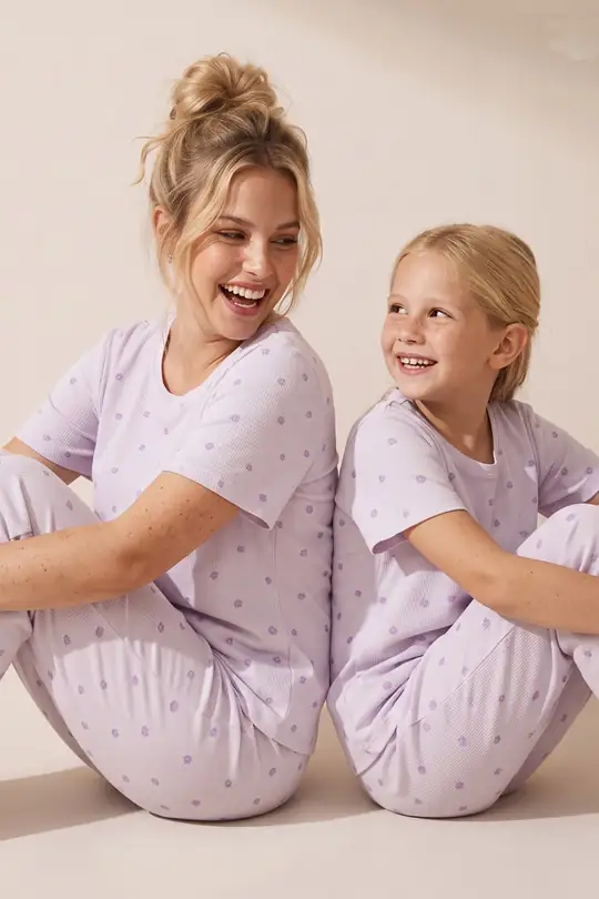 Pamuklu Fitilli Kaşkorse Örme Pijama Takım 26120402 - lila mor çiçek