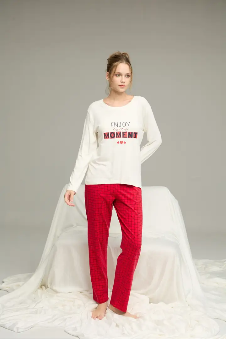 Ekru Desenli Örme Pamuklu Pijama Takım 25240207