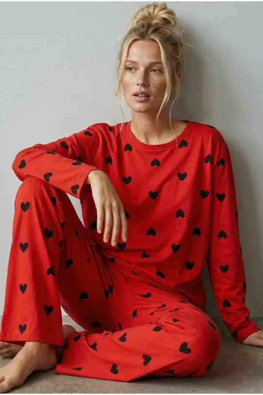 Narçiçeği Siyah Örme Pamuklu Pijama Takımı 7613 - Nar Çiçeği