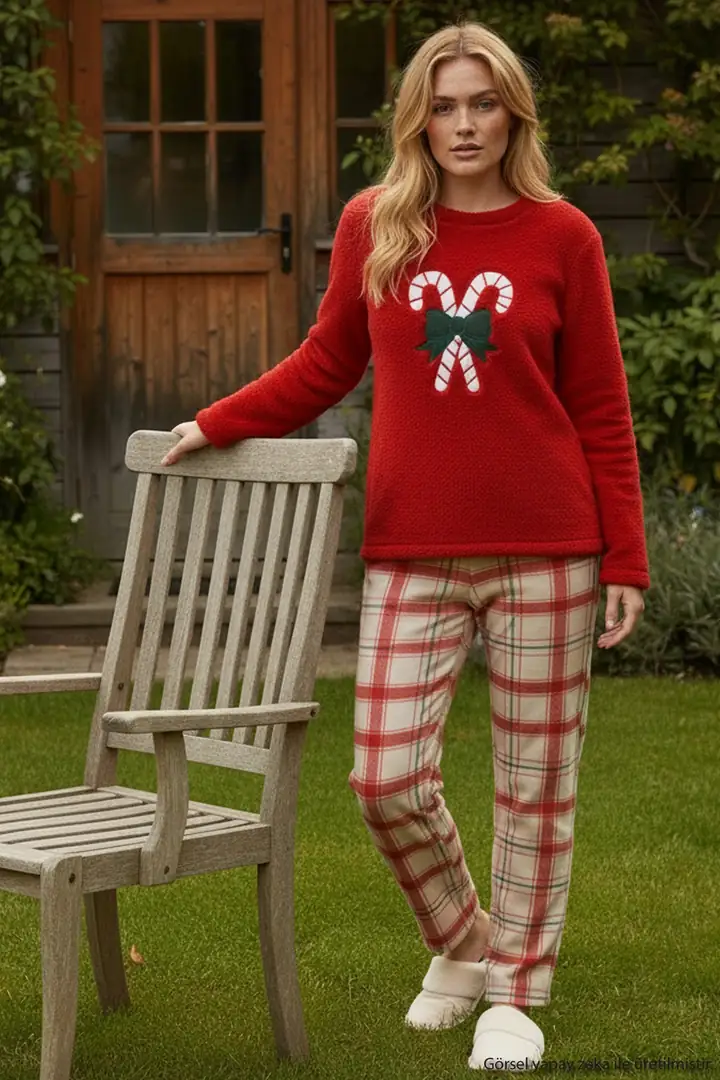 Kırmızı Nakışlı Yılbaşı Temalı Üst Wellsoft Alt Polar Kışlık Örme Pijama Takım 26221717