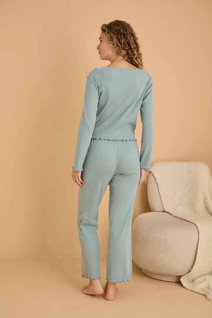 Pamuklu Dantelli Fitilli Örme Pijama Takım 25226005