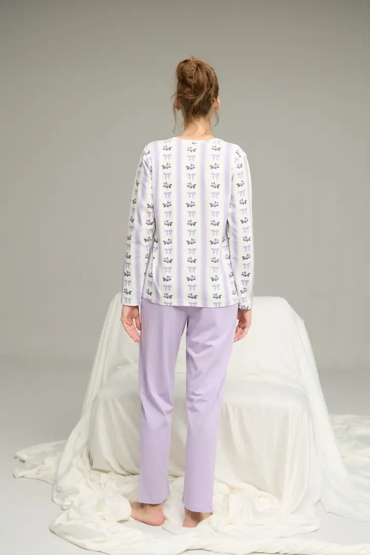 Lila Kurdele Desenli Örme Pamuklu Pijama Takım 25240270