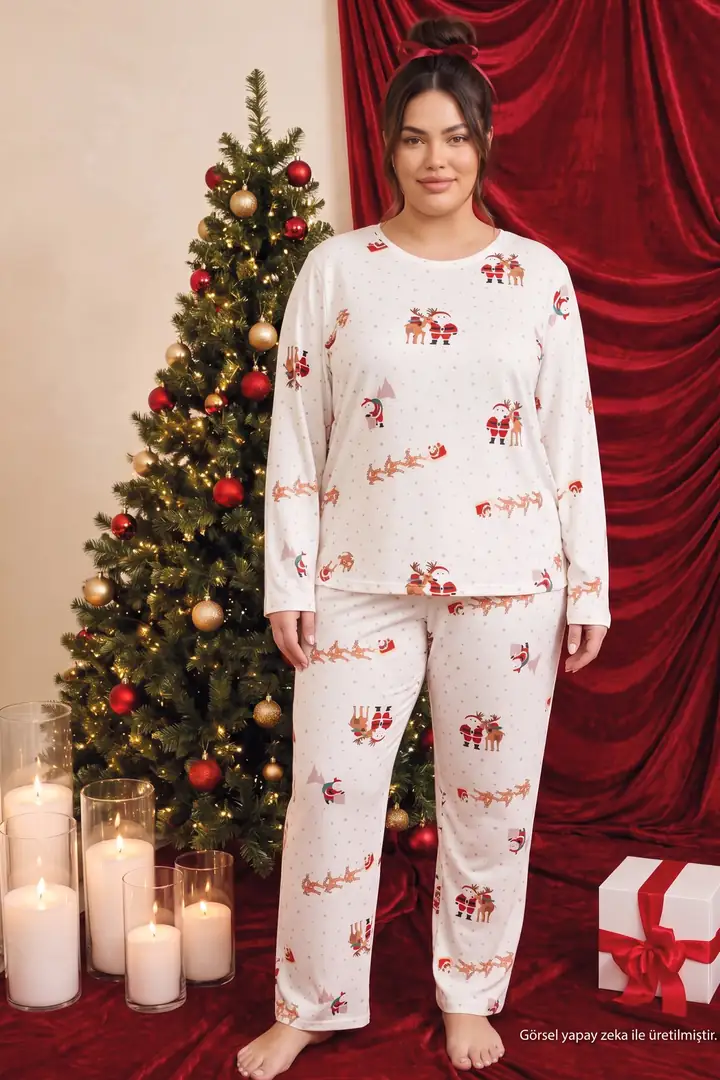 Ekru Yılbaşı Temalı Termal Kumaşlı Ultra Soft Yumuşak Büyük Beden Battal Boy Örme Pijama Takımı 26226729