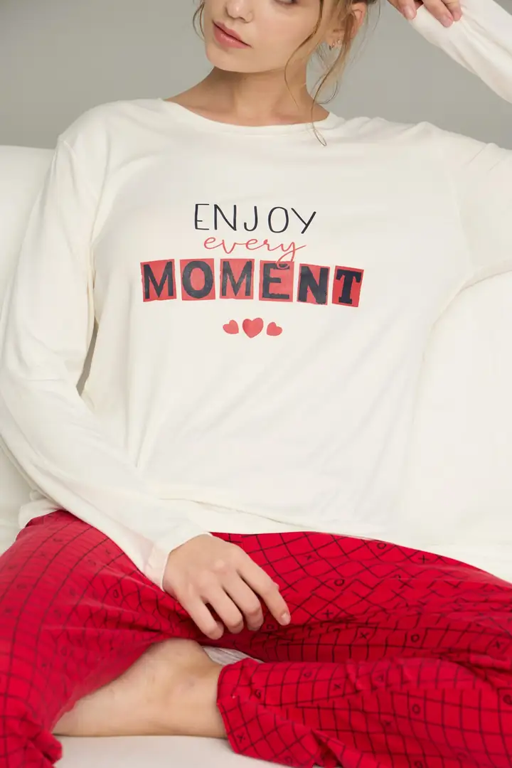 Ekru Desenli Örme Pamuklu Pijama Takım 25240207