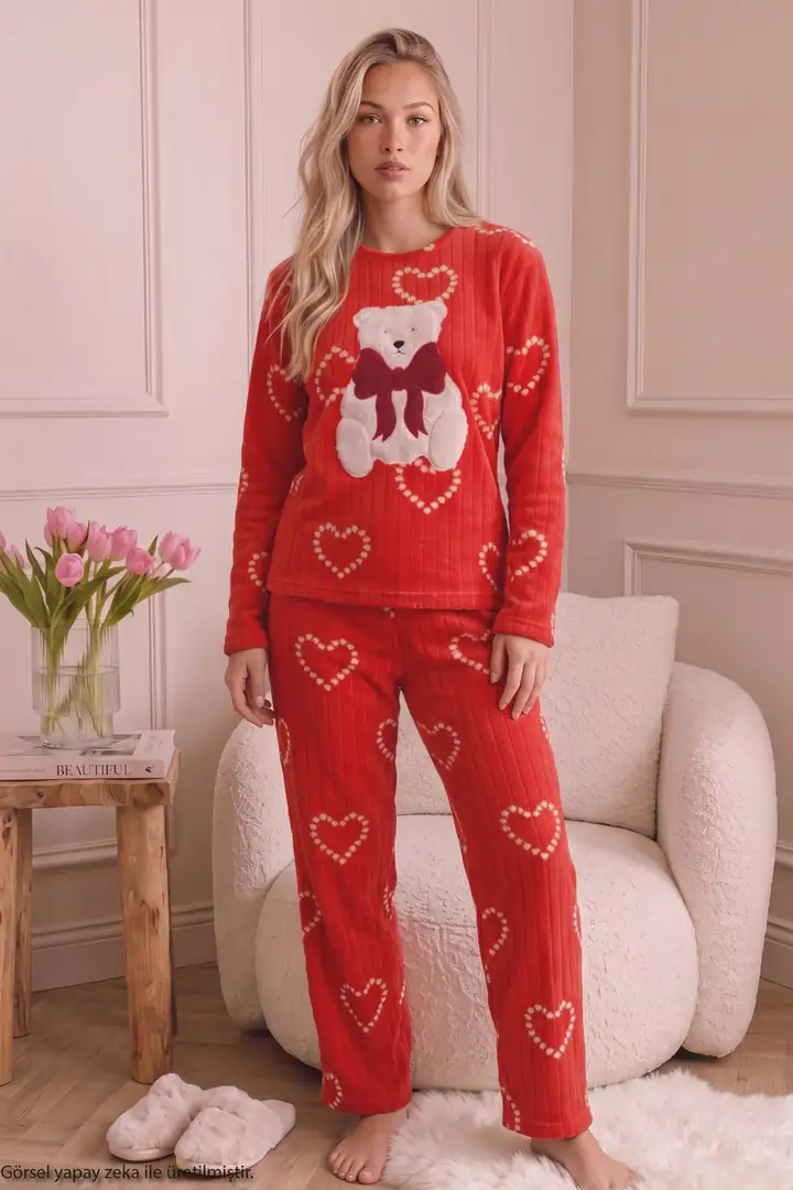 Kırmızı Nakışlı Alt-Üst Polar Kışlık Örme Pijama Takım 26222115