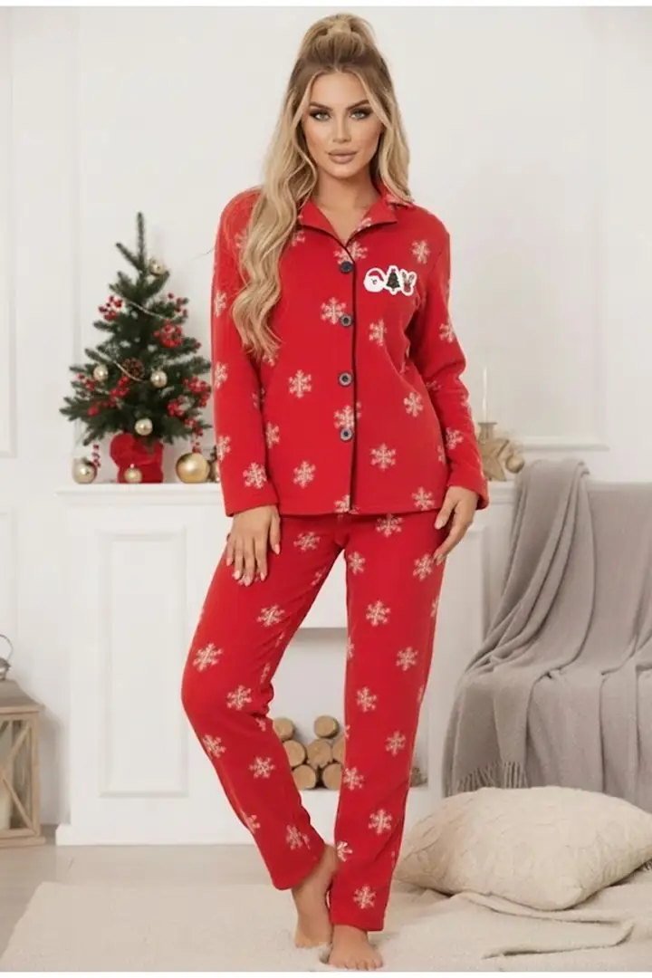 Yılbaşı Temalı Nakışlı Kar Tanesi Desenli Polar Kışlık Örme Pijama Takım