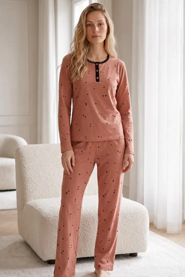 Düğmeli Pamuklu Likralı Örme Pijama Takım 26240341