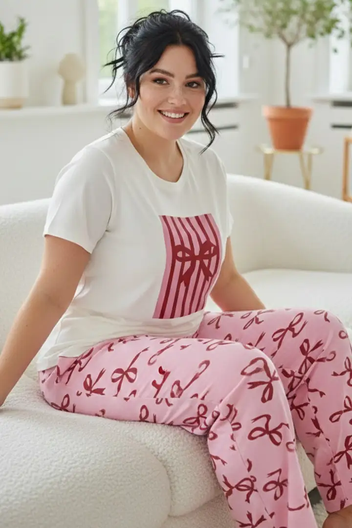 Desenli Pamuklu Büyük Beden Battal Boy Örme Pijama Takım