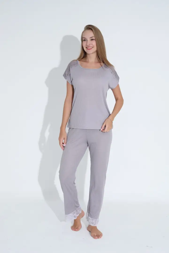Dantel Detaylı Soft Touch İnce Örme Pijama Takım