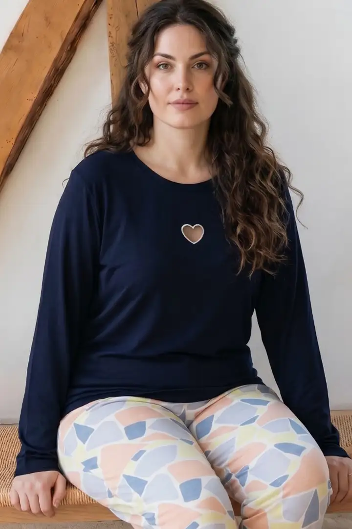 Lacivert Desenli Nakışlı Büyük Beden Battal Boy Viskon Örme Pijama Takım 26224824