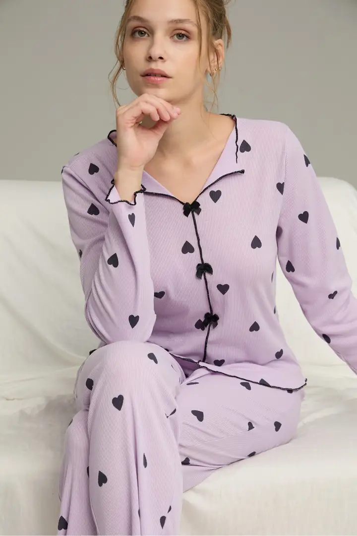 Lila Kalp Desenli Pamuklu Fiyonklu Fitilli Örme Pijama Takım 25226004