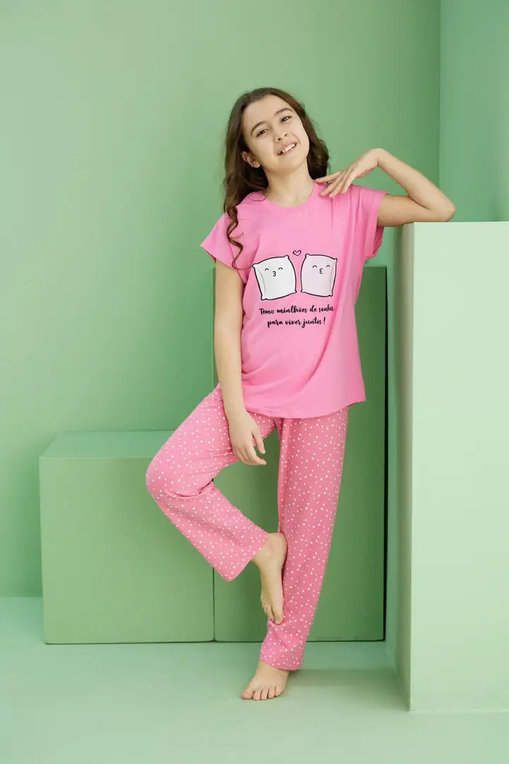 Pembe Desenli Pamuklu Bisiklet Yaka Örme Pijama Takım 25117079