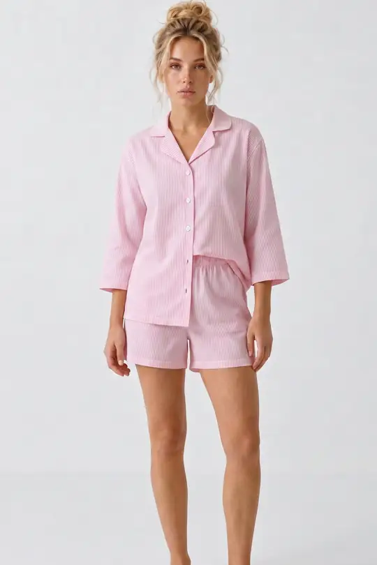 Düğmeli İnce Soft Örme Şortlu Pijama Takımı 8054 - Pembe