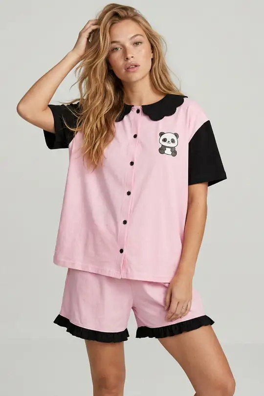 Yaka Detaylı Baskılı Düğmeli Pamuklu Örme Şortlu Pijama Takımı 8009 - Pembe