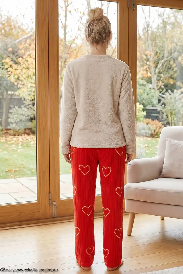 Krem Nakışlı Üst Wellsoft Alt Polar Kışlık Örme Pijama Takım 26221708