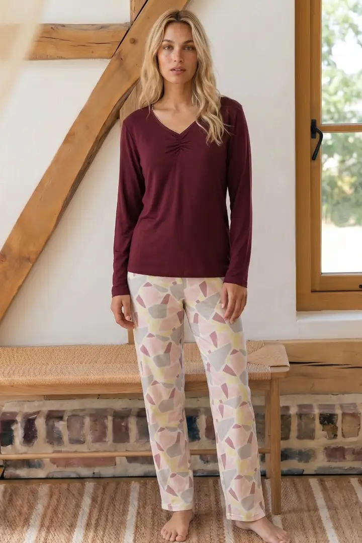 Bordo Desenli V Yaka Viskon Örme Pijama Takım 26224670