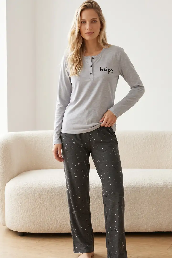 Nakışlı Düğmeli Likralı Örme Pijama Takım26240356