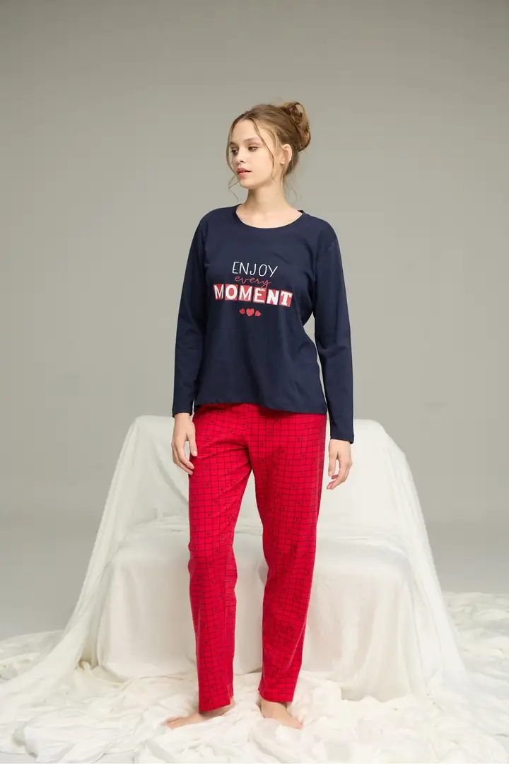 Lacivert Desenli Örme Pamuklu Pijama Takım 25240256