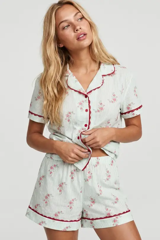 İnce Soft Örme Düğmeli Dantel Biyeli Şortlu Pijama Takımı 8062 - yeşil çiçek